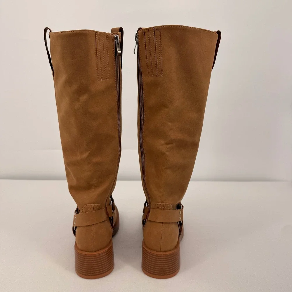 Tan Faux Suede Tall Harness Boots Womens 9-9.5 Round Toe Moto Block Heel Zip